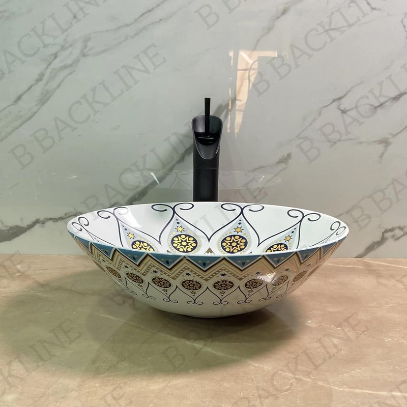 B BACKLINE حوض غسيل سيراميك بباكلاين على الطاولة بتصميم مغربي 16 × 16 × 5 بوصة - Image 3