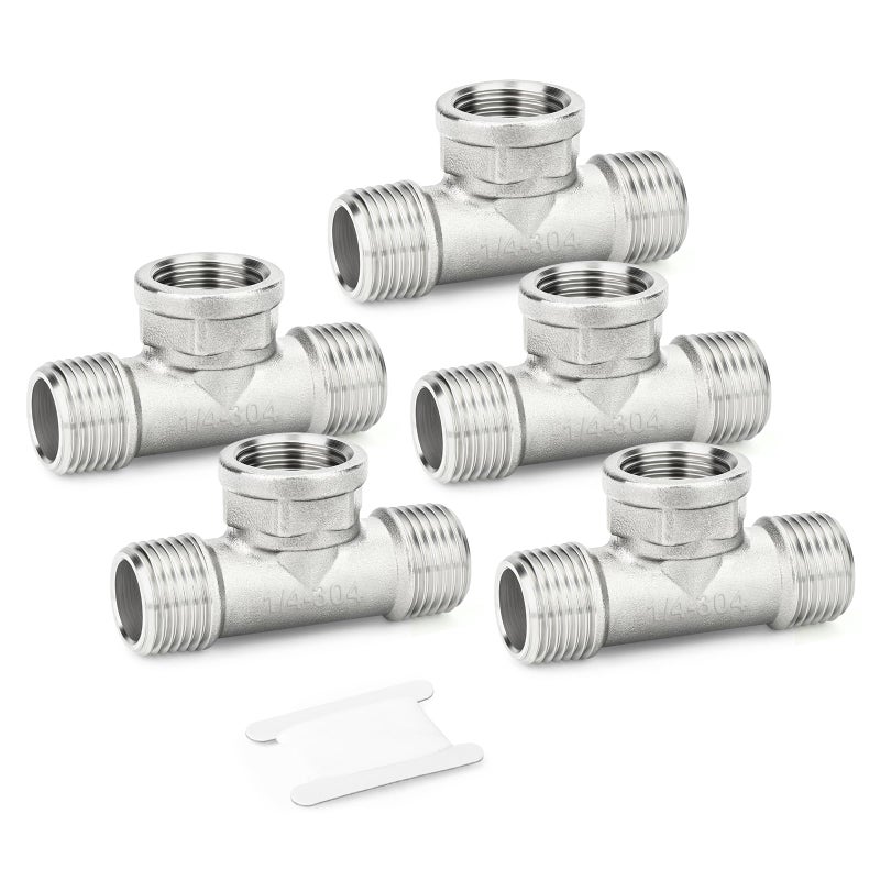 TAISHER 5PCS 304 Stainless Steel Tee Pipe Fittings 14 NPT Male x 14 NPT Female x 14 NPT Male Pipe Fittings Female Branch Tee - Image 2