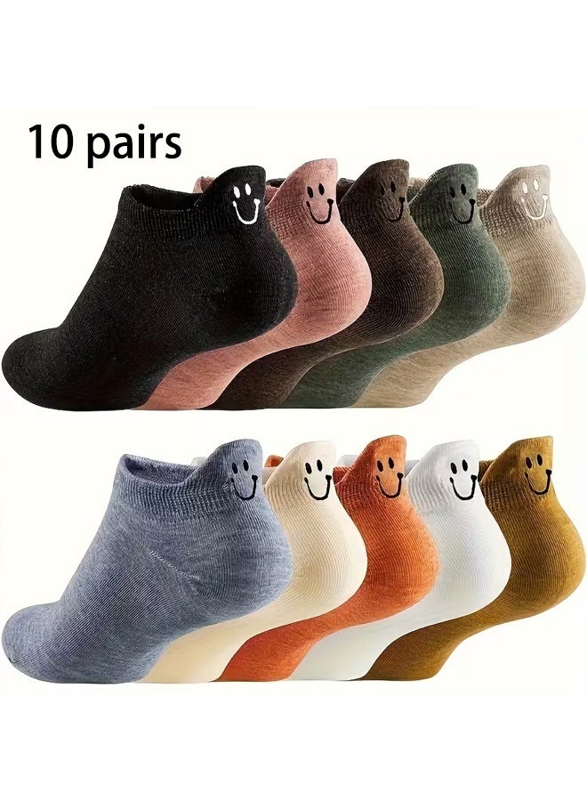 Zeemey Female cartoon smile invisible boat socks - 10 pairs set. Multi-color breathable short socks. Perfect for daily wear and prevents socks from coming off - Image 1