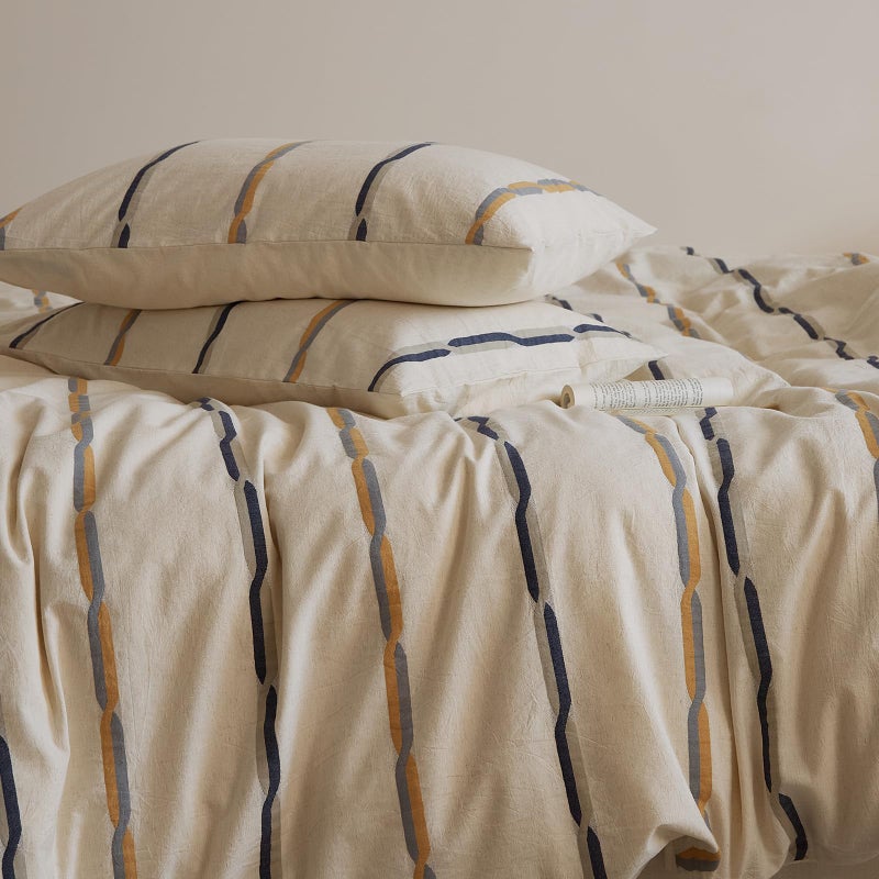 mixinni Cotton Linen Jacquard Duvet Cover Set Queen, 3-Piece Mid-Century Modern Bedding, Vintage Striped Bohemian Duvet Cover with 2 Pillowcases, All-Season Breathable Comforter Cover-Queen Size - Image 3