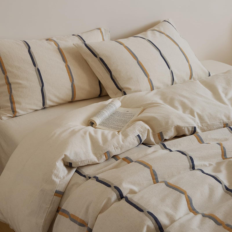 mixinni Cotton Linen Jacquard Duvet Cover Set Queen, 3-Piece Mid-Century Modern Bedding, Vintage Striped Bohemian Duvet Cover with 2 Pillowcases, All-Season Breathable Comforter Cover-Queen Size - Image 4