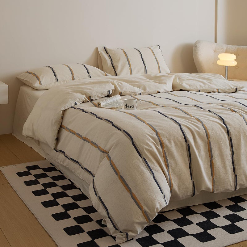 mixinni Cotton Linen Jacquard Duvet Cover Set Queen, 3-Piece Mid-Century Modern Bedding, Vintage Striped Bohemian Duvet Cover with 2 Pillowcases, All-Season Breathable Comforter Cover-Queen Size - Image 2