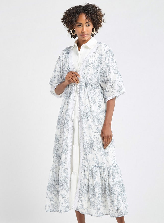 سبلاش فيڤ فستان سادة متعدد الطبقات بياقة عادية مع سترة طويلة بطبعات زهور - Image 1