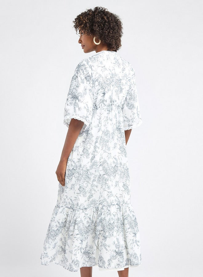 سبلاش فيڤ فستان سادة متعدد الطبقات بياقة عادية مع سترة طويلة بطبعات زهور - Image 3