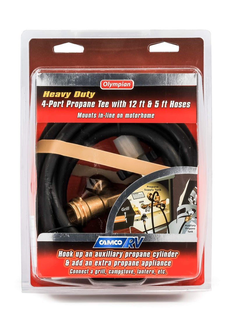 Camco Propane Brass 4 Port Tee- Comes with 5ft and 12ft Hoses, Allows for Connection Between Auxiliary Propane Cylinder and Propane Appliances (59123), Black - Image 2