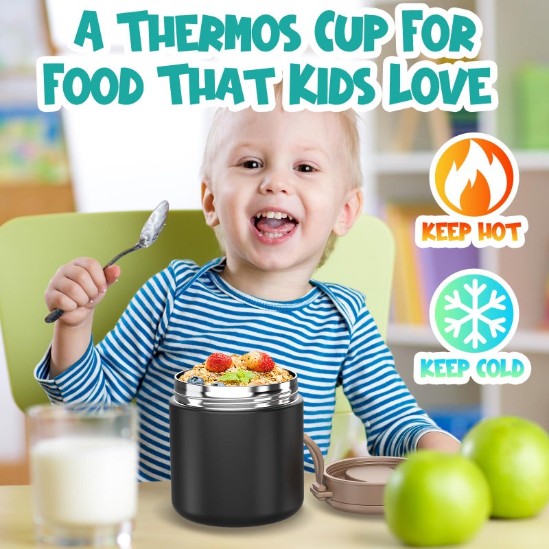 CJACJA Insulated Food Jar for Kids - 15.2 Oz, Thermo for Hot Food, Soup Thermo, Insulated Food Container, Termos Para Comida Caliente, Width Mouth Stainless Steel Lunch Box with Spoon, Black - Image 2
