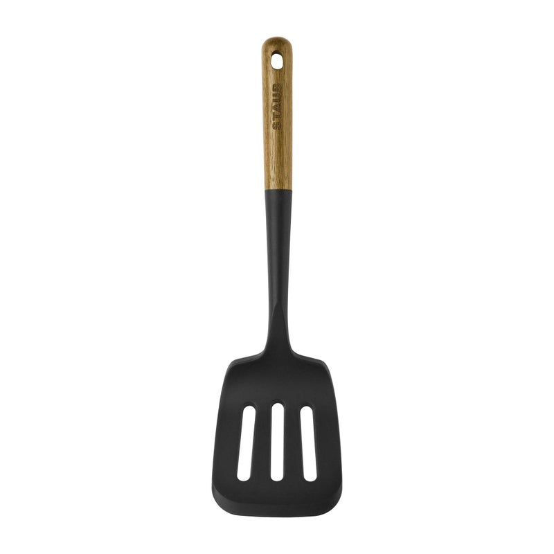 STAUB Silicone Spatula Turner  Perfectly Angled for Lifting Pancakes  Sandwiches and Picking up Veggies Durable BPA-Free Matte Black Silicone  Acacia Wood Handles  Safe for Nonstick Cooking Surfaces - Image 2