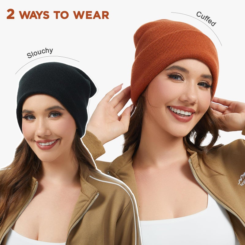 LEADUWAY 2 Pack Beanie Hats for Women & Men Winter, Satin Lined Beanies, Double Layer Warm Womens Winter Hats Black/Orange - Image 4
