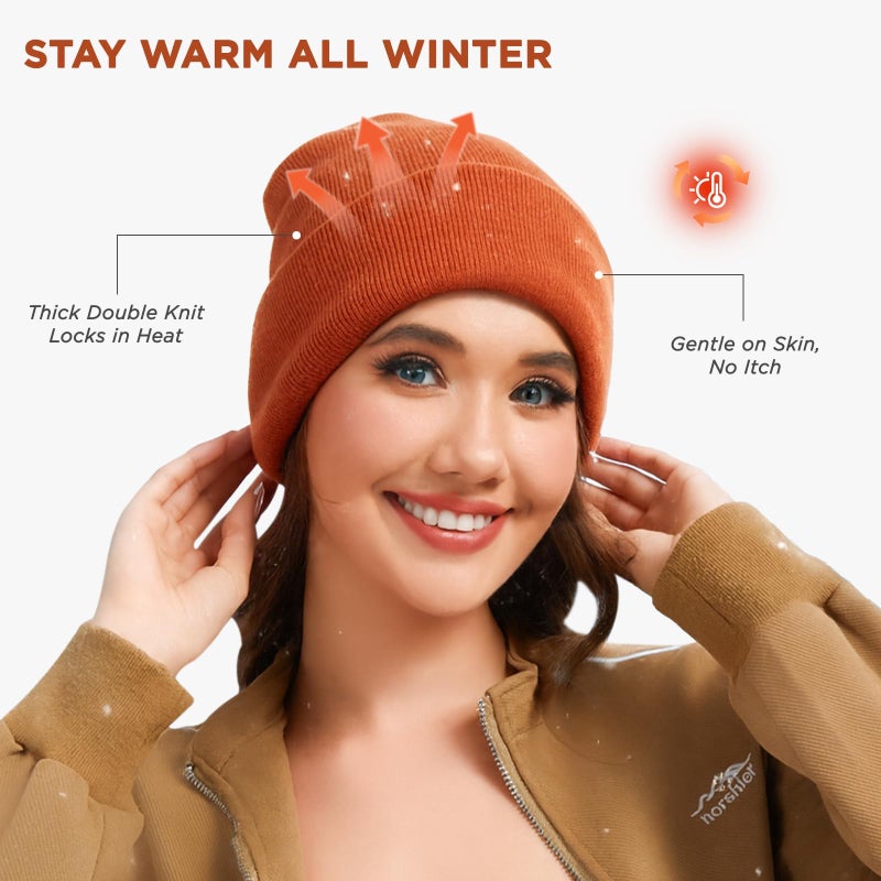 LEADUWAY 2 Pack Beanie Hats for Women & Men Winter, Satin Lined Beanies, Double Layer Warm Womens Winter Hats Black/Orange - Image 2