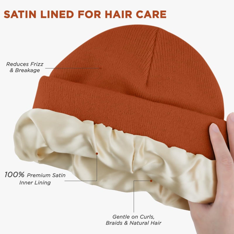 LEADUWAY 2 Pack Beanie Hats for Women & Men Winter, Satin Lined Beanies, Double Layer Warm Womens Winter Hats Black/Orange - Image 3