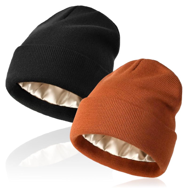 LEADUWAY 2 Pack Beanie Hats for Women & Men Winter, Satin Lined Beanies, Double Layer Warm Womens Winter Hats Black/Orange - Image 1