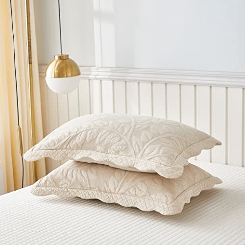 MarCielo 2-Piece 100% Cotton Quilted Pillow Shams Embroidered Farmhouse Pillow Shams (Standard, Natural Beige) - Image 2