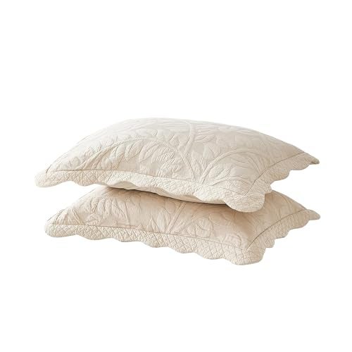 MarCielo 2-Piece 100% Cotton Quilted Pillow Shams Embroidered Farmhouse Pillow Shams (Standard, Natural Beige) - Image 1