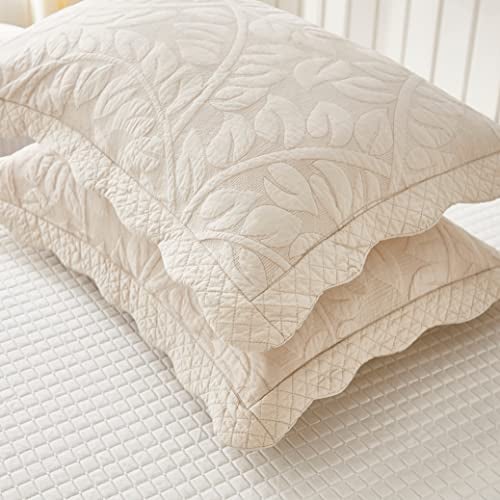 MarCielo 2-Piece 100% Cotton Quilted Pillow Shams Embroidered Farmhouse Pillow Shams (Standard, Natural Beige) - Image 3