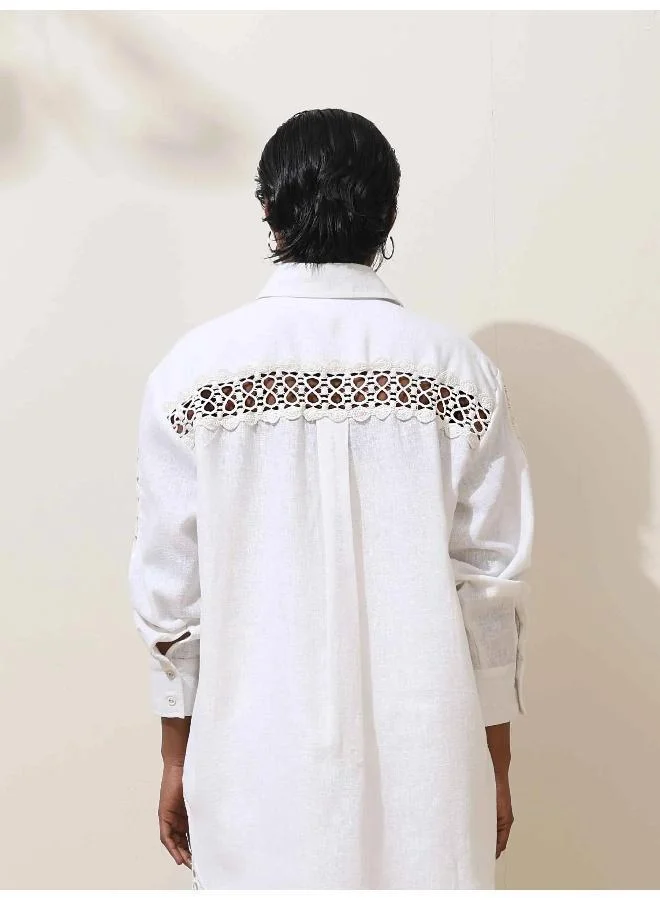 trueBrowns trueBrowns Attar White Crochet Natural Cotton Shirt Co-ord Set