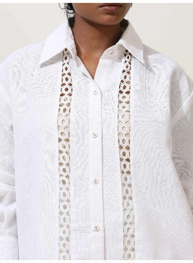 trueBrowns trueBrowns Attar White Crochet Natural Cotton Shirt Co-ord Set