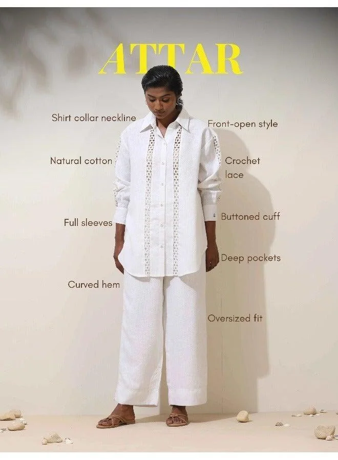 trueBrowns trueBrowns Attar White Crochet Natural Cotton Shirt Co-ord Set