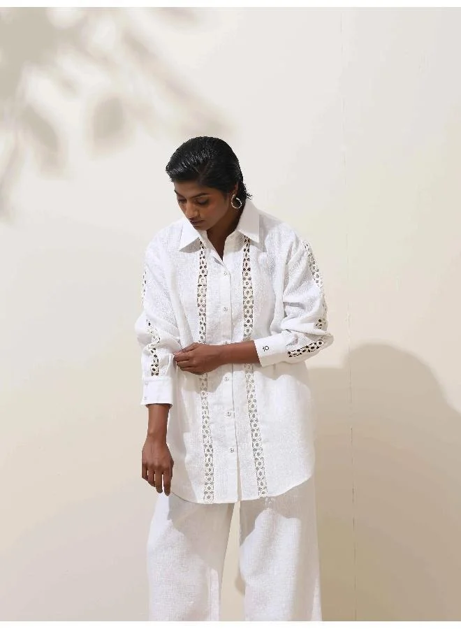 trueBrowns trueBrowns Attar White Crochet Natural Cotton Shirt Co-ord Set