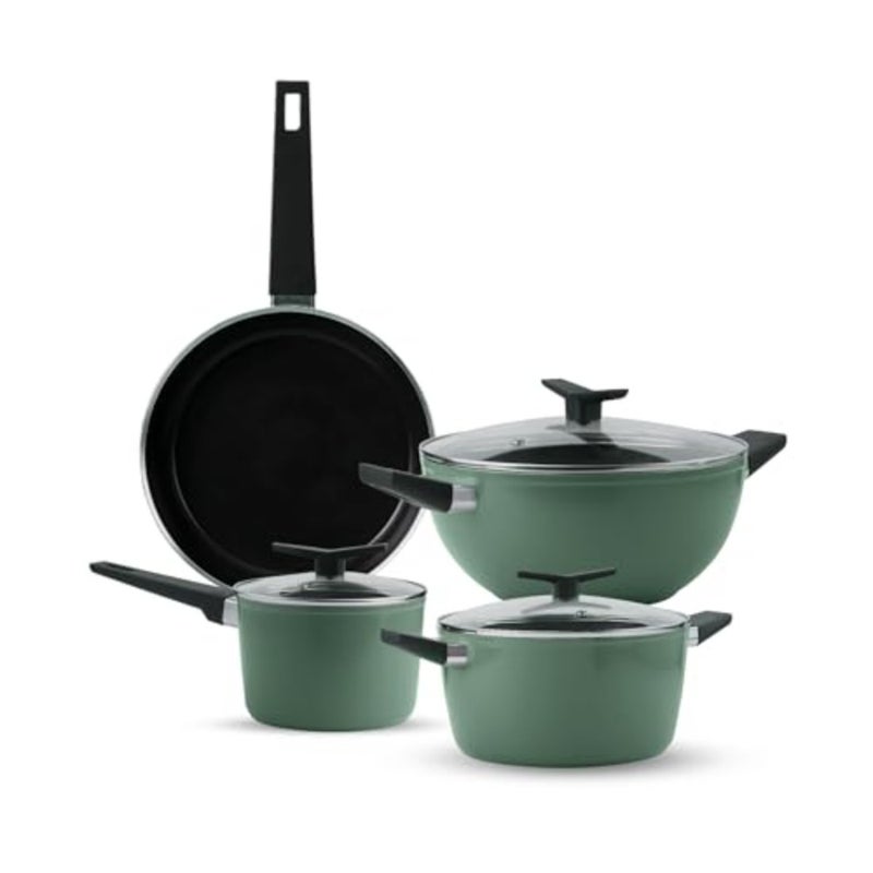 Aura Cookware Set of 7-Kadhai 28 cm with Lid, Fry Pan 24 cm, Sauce Pan 16 cm, Casserole 24 cm Ceramic Reinforced Cookware Cold Forged Aluminium Bakelite Handle All Cooktop Compatible. - Image 1