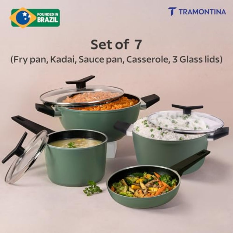 Aura Cookware Set of 7-Kadhai 28 cm with Lid, Fry Pan 24 cm, Sauce Pan 16 cm, Casserole 24 cm Ceramic Reinforced Cookware Cold Forged Aluminium Bakelite Handle All Cooktop Compatible. - Image 2