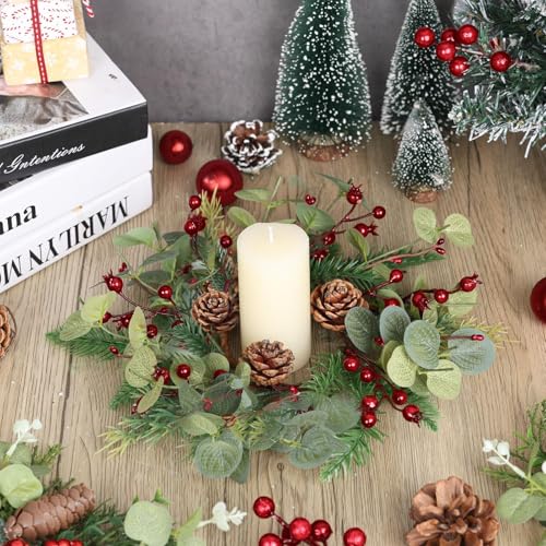YLOLUL 6 PCS Christmas Candle Rings Mini Wreath Pine Garland Artificial Eucalyptus and Snowy Cedar Candle Rings Holder with Red Berries Pine Cones for Table Centerpiece Home Door Window Chair Wall - Image 3