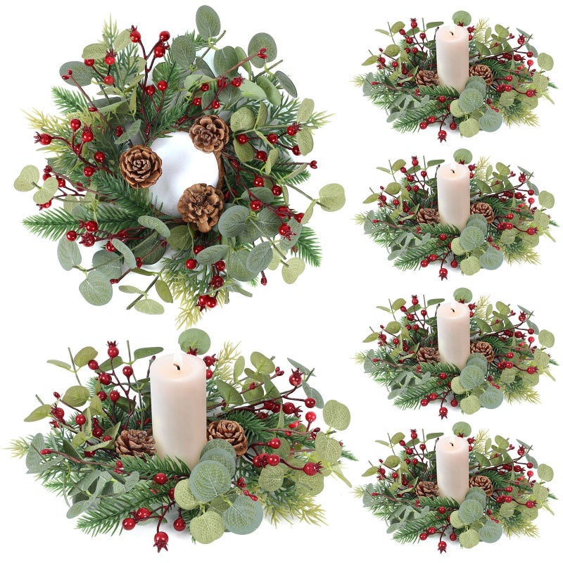 YLOLUL 6 PCS Christmas Candle Rings Mini Wreath Pine Garland Artificial Eucalyptus and Snowy Cedar Candle Rings Holder with Red Berries Pine Cones for Table Centerpiece Home Door Window Chair Wall - Image 2
