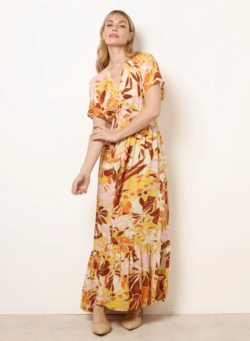 بلو فانيلا Tropical V Front Shirred Waist Maxi Dress