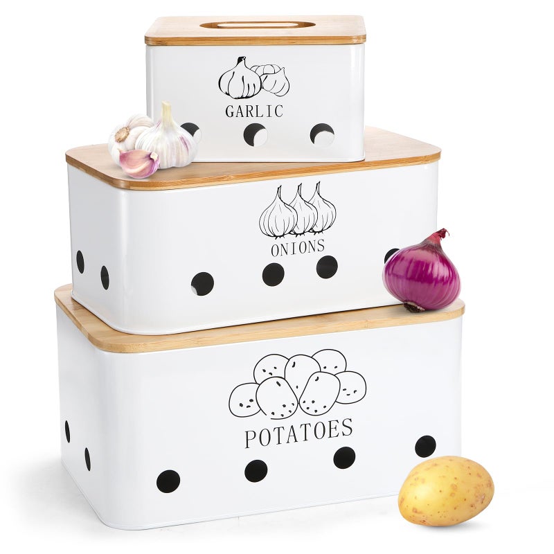 Nagpew 3 Pack Potato Onion Garlic Storage Set, Iron Vegetable Storage Bins with Holes Bamboo Lids, Stackable Kitchen Organization Container Storage Tin for Countertop Pantry - Image 1