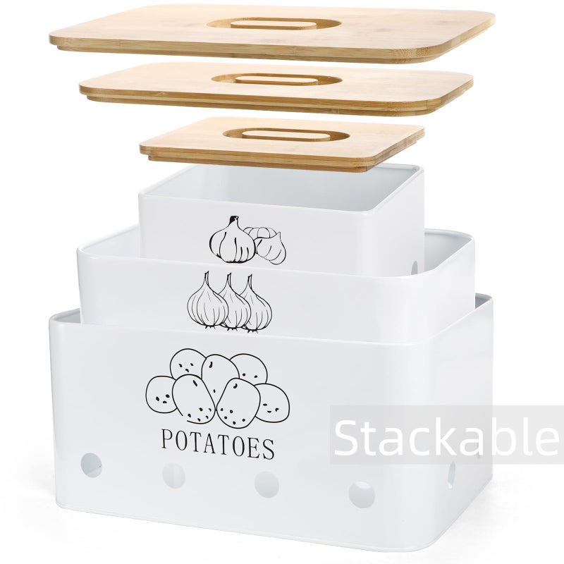 Nagpew 3 Pack Potato Onion Garlic Storage Set, Iron Vegetable Storage Bins with Holes Bamboo Lids, Stackable Kitchen Organization Container Storage Tin for Countertop Pantry - Image 5