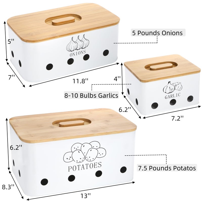 Nagpew 3 Pack Potato Onion Garlic Storage Set, Iron Vegetable Storage Bins with Holes Bamboo Lids, Stackable Kitchen Organization Container Storage Tin for Countertop Pantry - Image 2