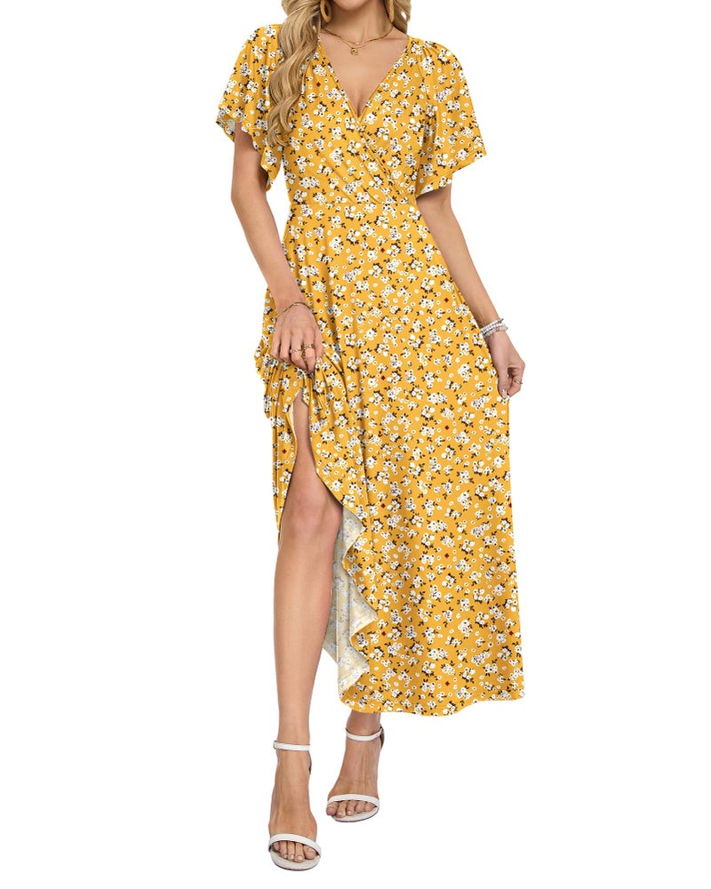 AUSELILY Maxi Dresses Women 2026 Summer Long Flowy Wrap Dress Ruffle Sleeve Deep V Neck Floral Beach Dress with Pockets Yellow Flower XL - Image 2