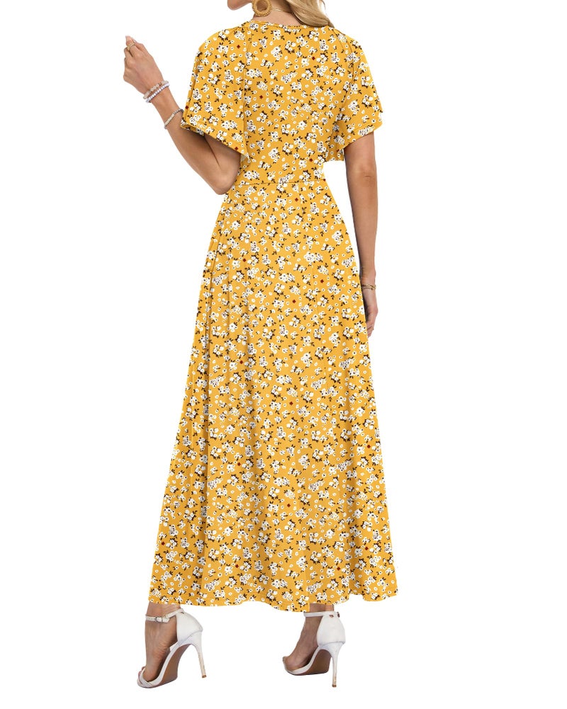 AUSELILY Maxi Dresses Women 2026 Summer Long Flowy Wrap Dress Ruffle Sleeve Deep V Neck Floral Beach Dress with Pockets Yellow Flower XL - Image 4