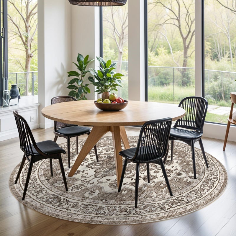 TOPRUUG Washable Oriental Area Rug - 6ft Round Rugs for Living Room Soft Carpet for Bedroom Waterproof Floral Distressed Indoor Stain Resistant Non-Shedding Floor Carpets (Beige, 6ft-Round) - Image 3