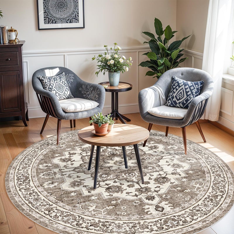 TOPRUUG Washable Oriental Area Rug - 6ft Round Rugs for Living Room Soft Carpet for Bedroom Waterproof Floral Distressed Indoor Stain Resistant Non-Shedding Floor Carpets (Beige, 6ft-Round) - Image 2