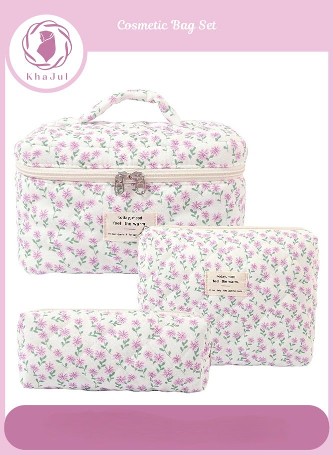 KHAJUL 3-Piece Large Quilted Cosmetic Bags for Women and Girls, Peacock Flower Cotton Makeup Bag, Exquisite Travel Organizing Toiletry Bag (Purple Bow) - Image 1