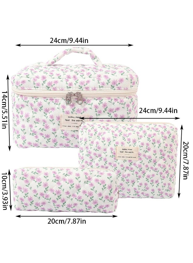 KHAJUL 3-Piece Large Quilted Cosmetic Bags for Women and Girls, Peacock Flower Cotton Makeup Bag, Exquisite Travel Organizing Toiletry Bag (Purple Bow) - Image 2