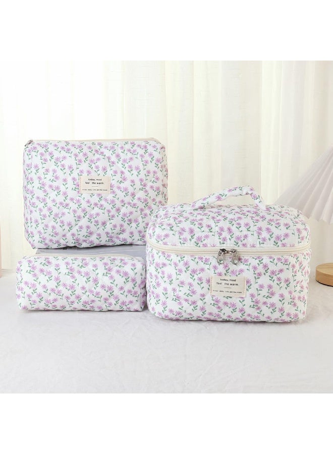 KHAJUL 3-Piece Large Quilted Cosmetic Bags for Women and Girls, Peacock Flower Cotton Makeup Bag, Exquisite Travel Organizing Toiletry Bag (Purple Bow) - Image 4
