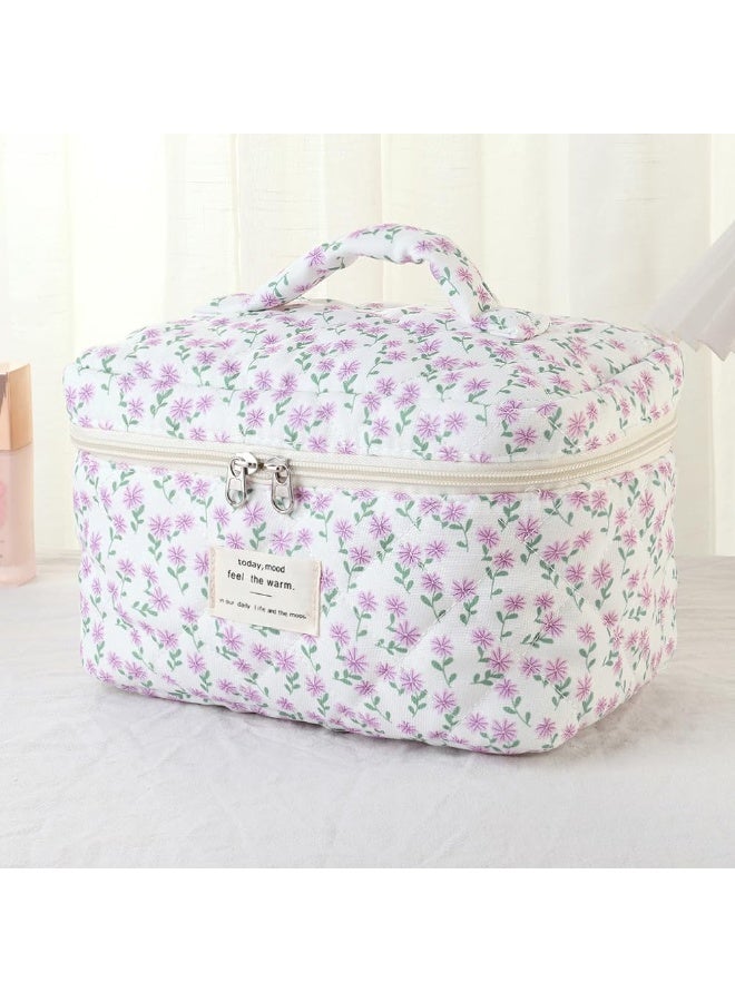 KHAJUL 3-Piece Large Quilted Cosmetic Bags for Women and Girls, Peacock Flower Cotton Makeup Bag, Exquisite Travel Organizing Toiletry Bag (Purple Bow) - Image 5