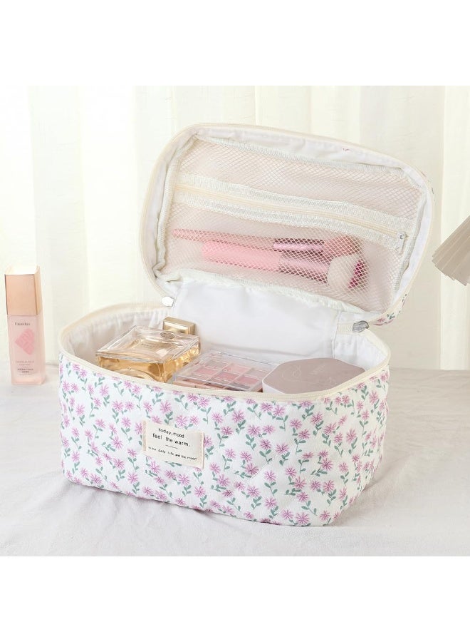 KHAJUL 3-Piece Large Quilted Cosmetic Bags for Women and Girls, Peacock Flower Cotton Makeup Bag, Exquisite Travel Organizing Toiletry Bag (Purple Bow) - Image 3