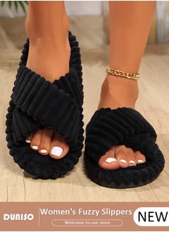 DUNISO Women's House Slippers, Fluffy Bedroom Slippers with Cross Band Soft Plush Furry Fur, Open Toe Cozy Memory Foam Comfy Slippers, Breathable Bath Slipper House Sandals for indoor Outdoor  - Image 1
