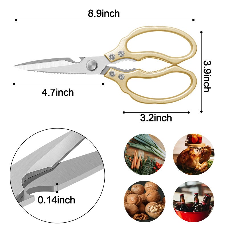 CGBE Kitchen Scissors All Purpose Heavy Duty, Ultra Sharp Stainless Steel Kitchen Shears Dishwasher Safe, Cooking Shears for Chicken, Poultry, Fish, Meat, Herbs & Grapes with Non-Slip Grips - Gold - Image 3