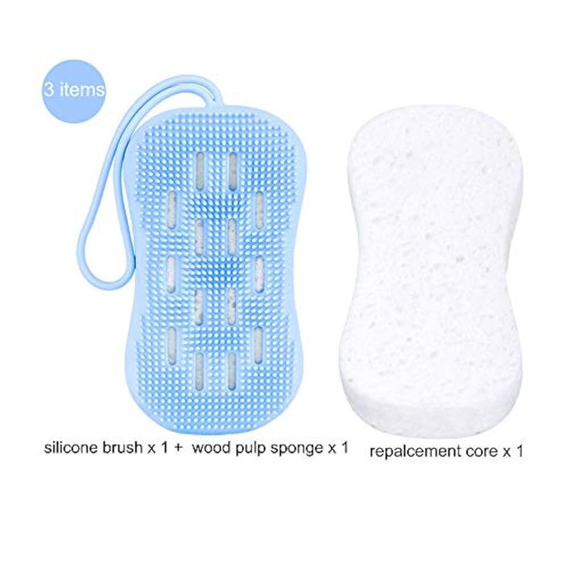 NObranded Soft Silicone Bath Scrub Body Brush with Sponge, 2 in 1 Exfoliating Skin Massage Scrubber Face Cleaning Hair Shower Exfoliator Brush with A Repalcement Core for Wet or Dry Women Men Baby(Blue) … - Image 2