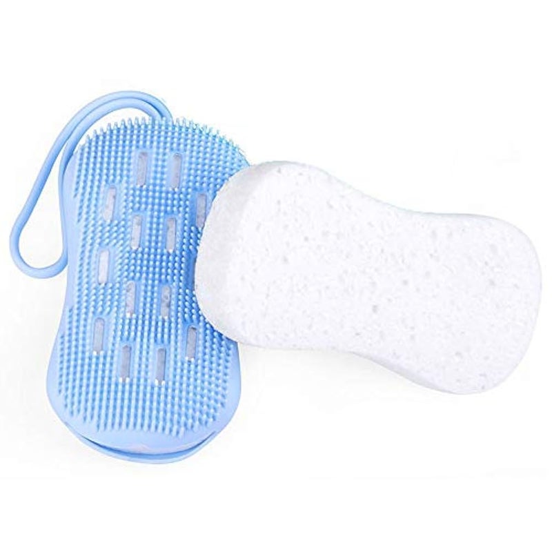 NObranded Soft Silicone Bath Scrub Body Brush with Sponge, 2 in 1 Exfoliating Skin Massage Scrubber Face Cleaning Hair Shower Exfoliator Brush with A Repalcement Core for Wet or Dry Women Men Baby(Blue) … - Image 1