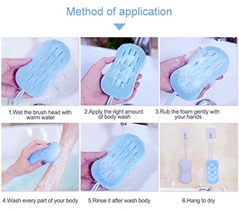 NObranded Soft Silicone Bath Scrub Body Brush with Sponge, 2 in 1 Exfoliating Skin Massage Scrubber Face Cleaning Hair Shower Exfoliator Brush with A Repalcement Core for Wet or Dry Women Men Baby(Blue) … - Image 4