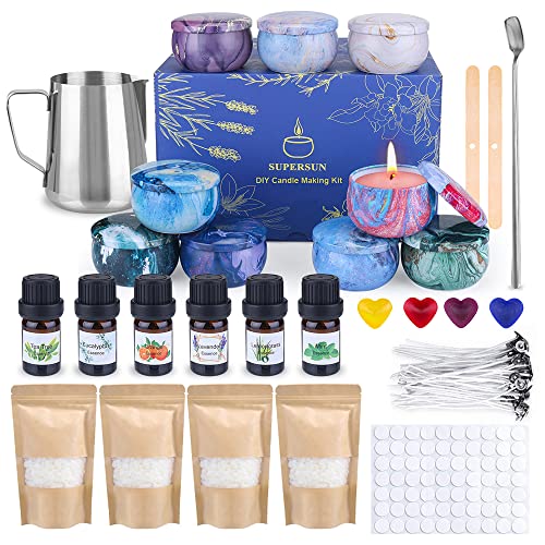 SUPERSUN Beeswax Pellets Candle Making Kit  480g Wax 50 Wicks 4 Dyes 500ml Melting Pot 100 Wick Stickers 9 Tins