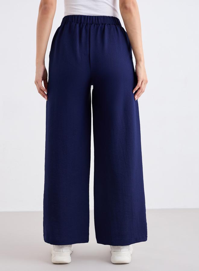 Styli Navy Blue Textured Wide Leg Casual Pants - Image 4