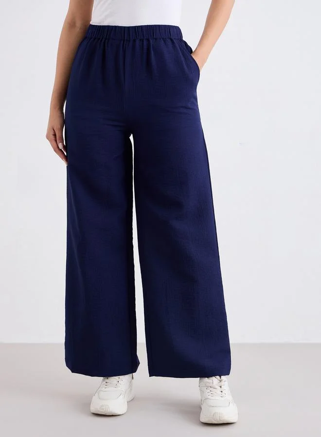 Styli Styli Navy Blue Textured Wide Leg Casual Pants