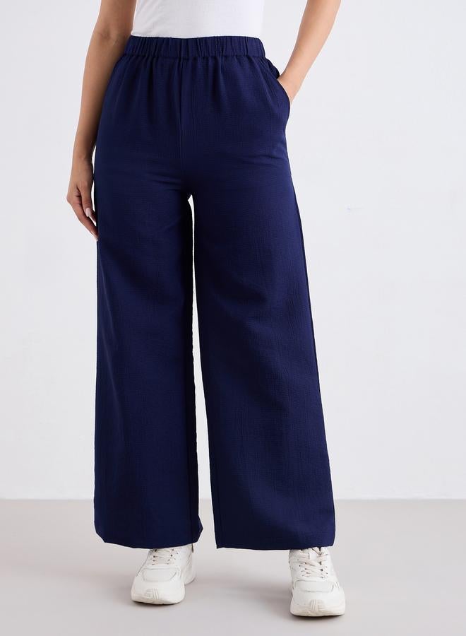 Styli Navy Blue Textured Wide Leg Casual Pants - Image 2