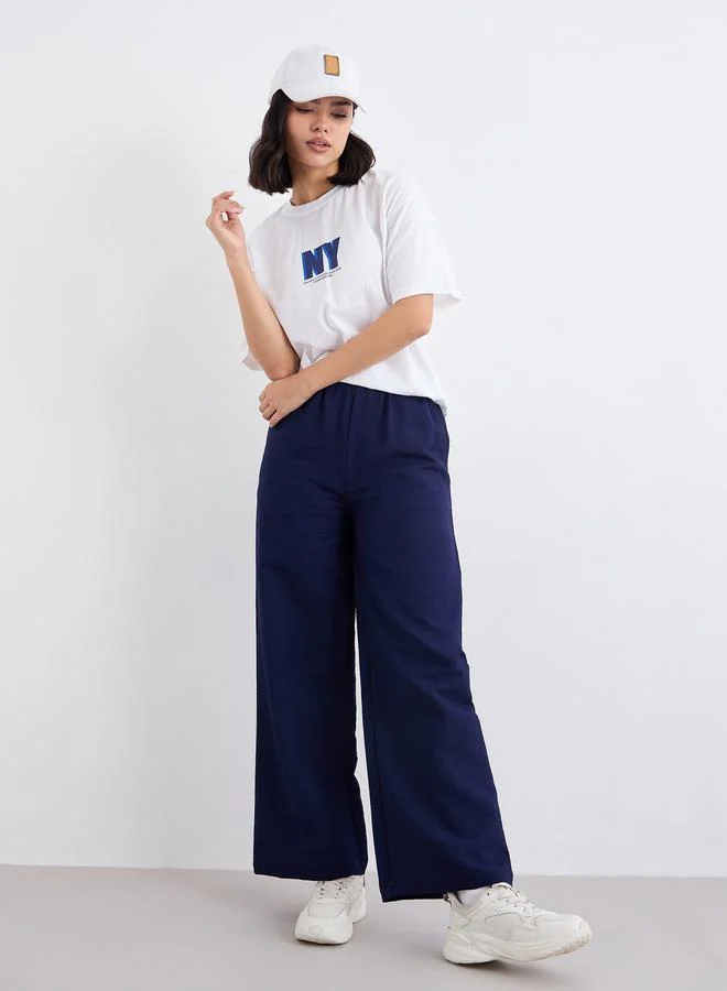 Styli Navy Blue Textured Wide Leg Casual Pants