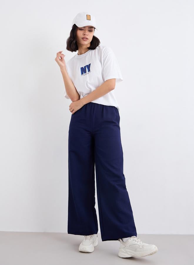 Styli Navy Blue Textured Wide Leg Casual Pants - Image 1